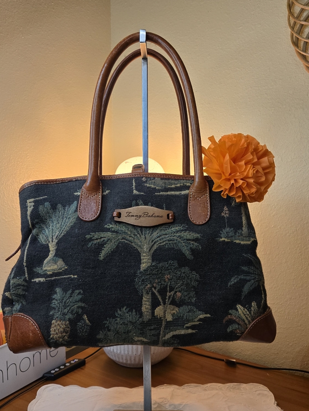 Vintage Tommy Bahama Tapestry Palm-Print Canvas Tote with Brown Leather Trim